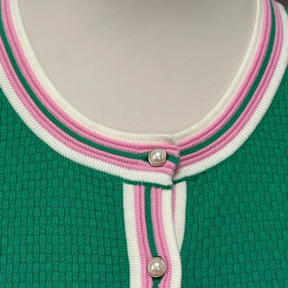 Talbots Green Cardigan with Pink and White Trim XS